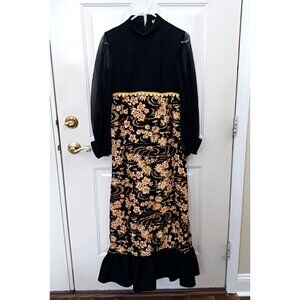 Vintage 60s 70s Hostess Dress Black Floral Long Size Small‎ Mod Gold Metallic
